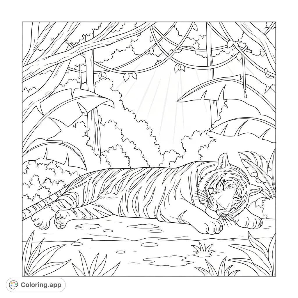 A peaceful tiger naps in a sunlit jungle, surrounded by lush foliage. Perfect for a relaxing jungle tiger coloring page.