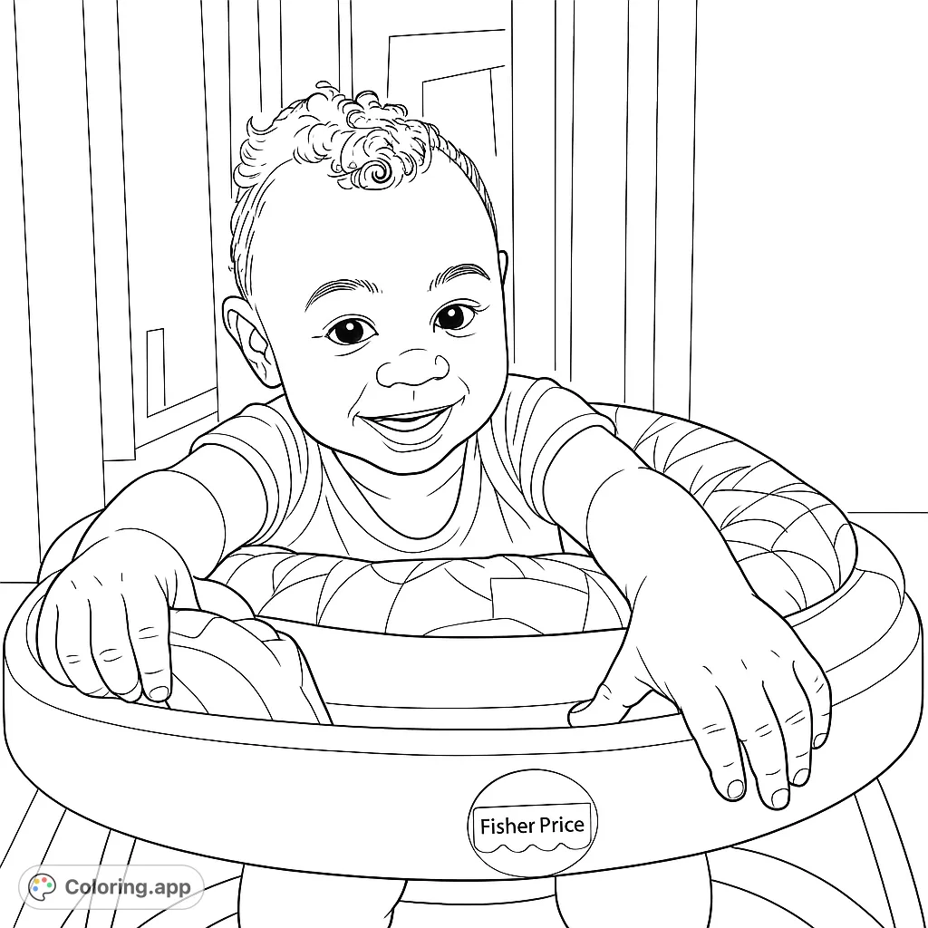 Capture the joy of a smiling baby in an activity center, holding toys. A delightful and heartwarming scene perfect for a free printable baby coloring page.