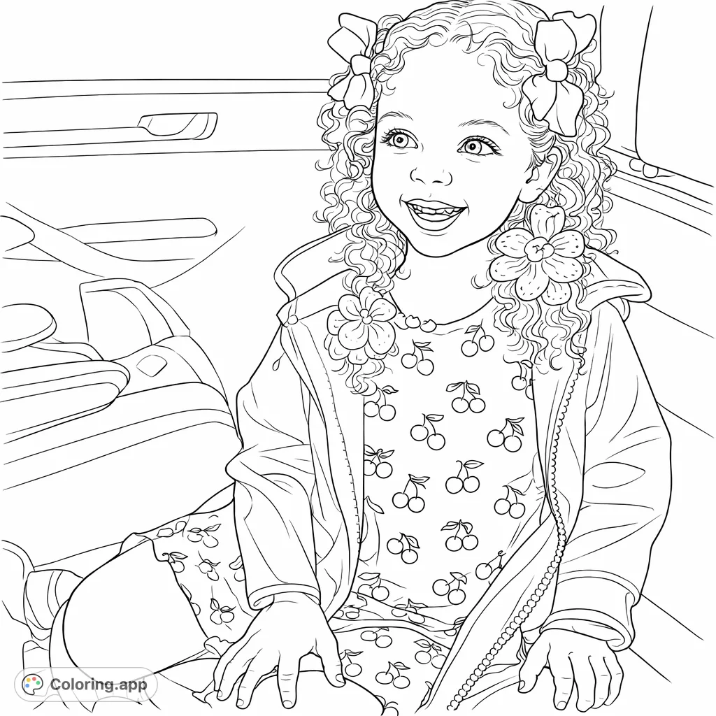 A joyful girl with curly hair and bows smiles brightly in her cherry-patterned outfit and translucent jacket, perfect for a delightful coloring experience.