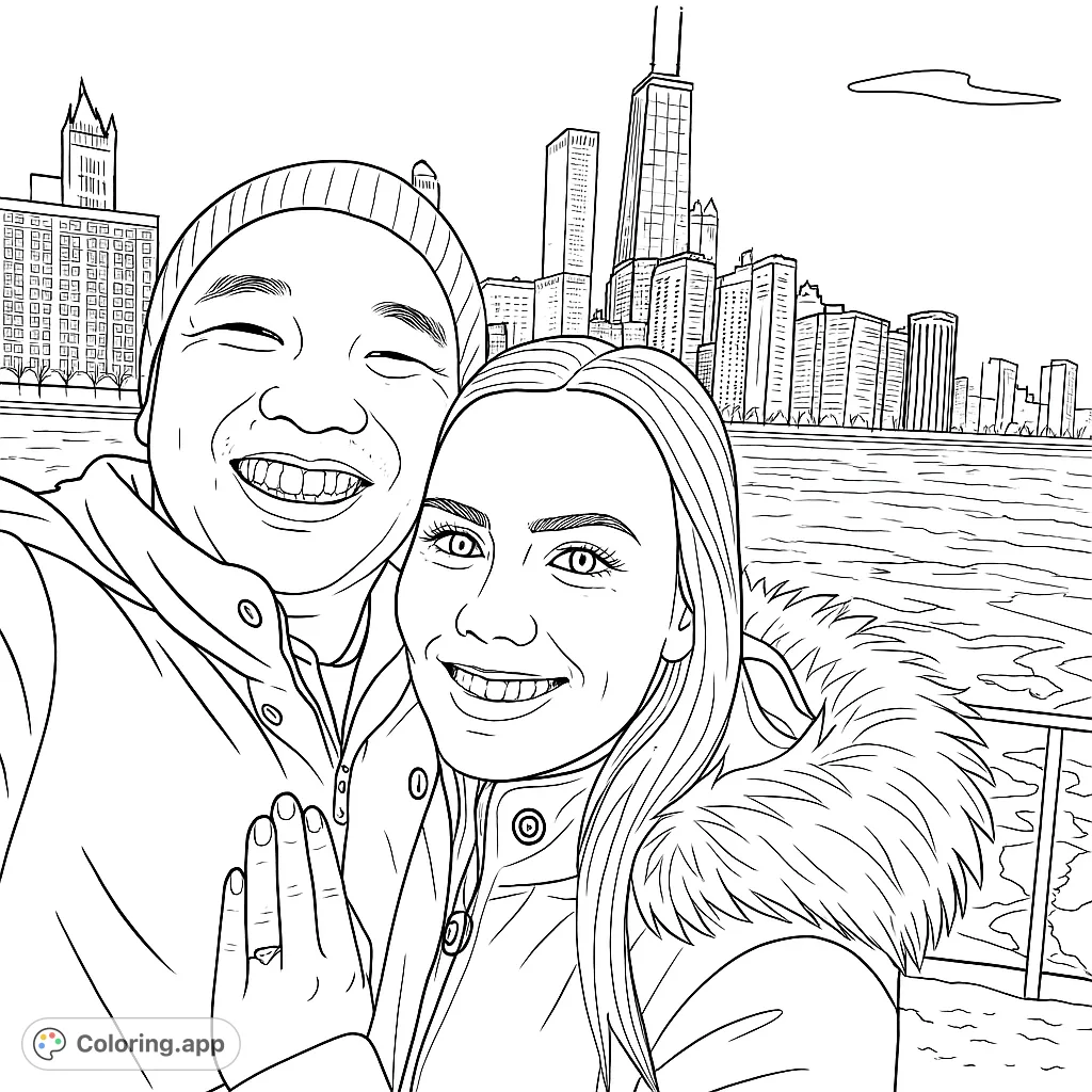 A smiling couple in winter attire against a detailed city skyline and icy water, celebrating their special moment with a prominent engagement ring.