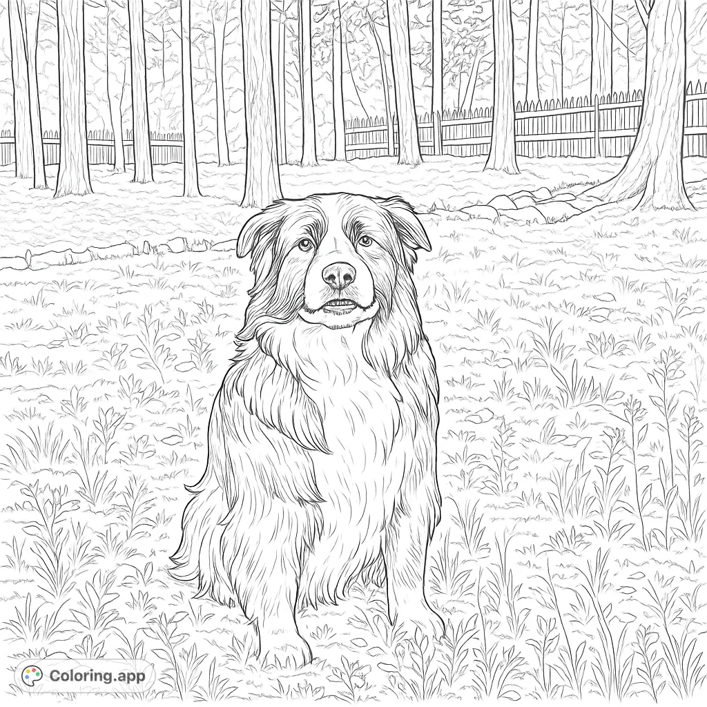A charming fluffy dog with a unique expression sits in a grassy yard, surrounded by trees. Perfect for dog lovers to bring to life with their favorite hues.