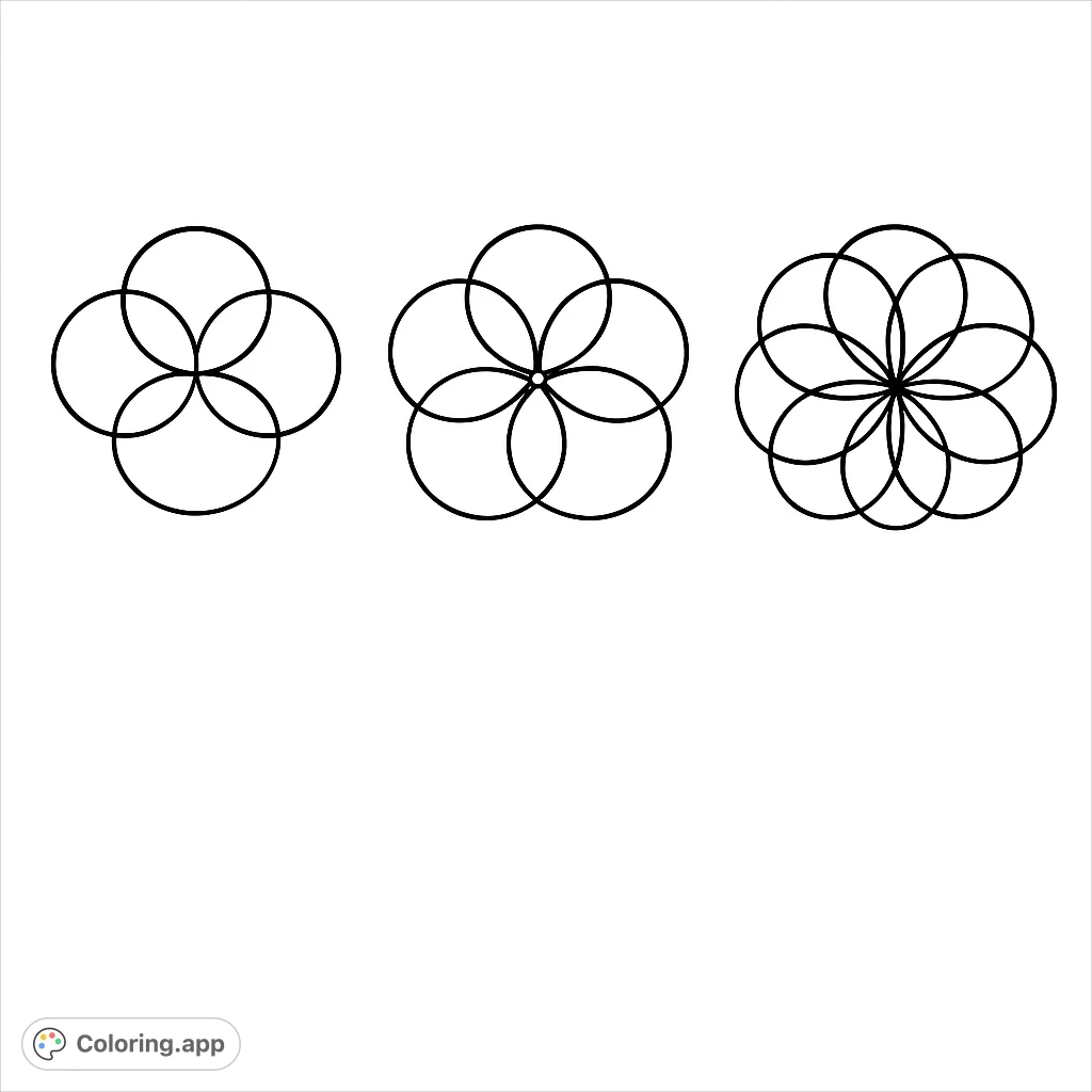 Explore three intricate geometric circle patterns, from simple to complex, offering a meditative coloring experience for all skill levels.