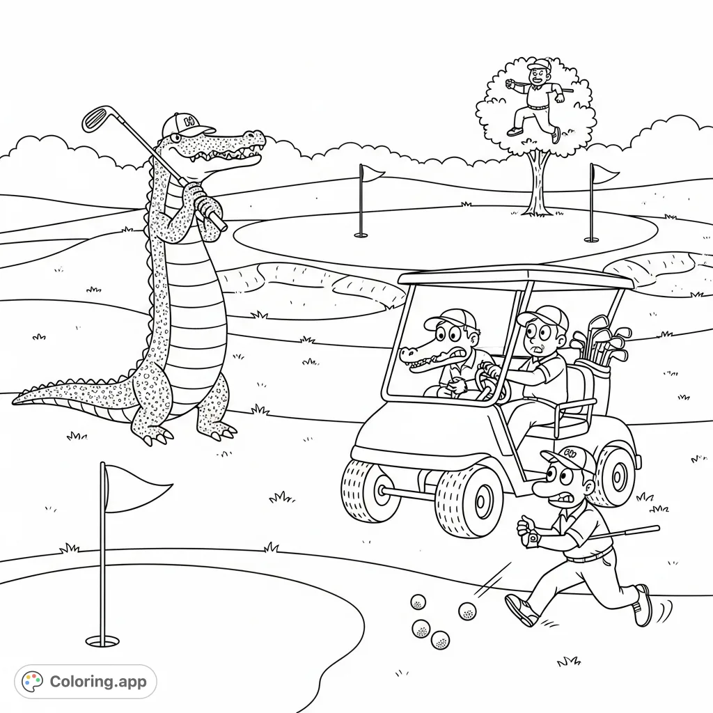 Experience comical chaos on the golf course as alligators commandeer the eighteenth hole, leaving golfers scrambling for safety. A humorous and detailed scene.
