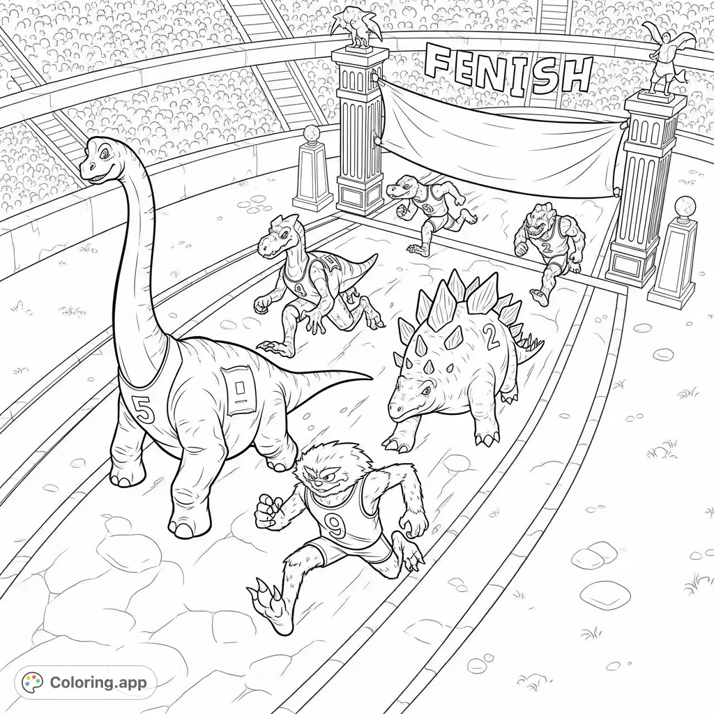 Witness an epic race as a Brachiosaurus, multi-limbed beast, and Stegosaurus sprint towards the finish line in an ancient stadium. Perfect for monster and dinosaur fans!