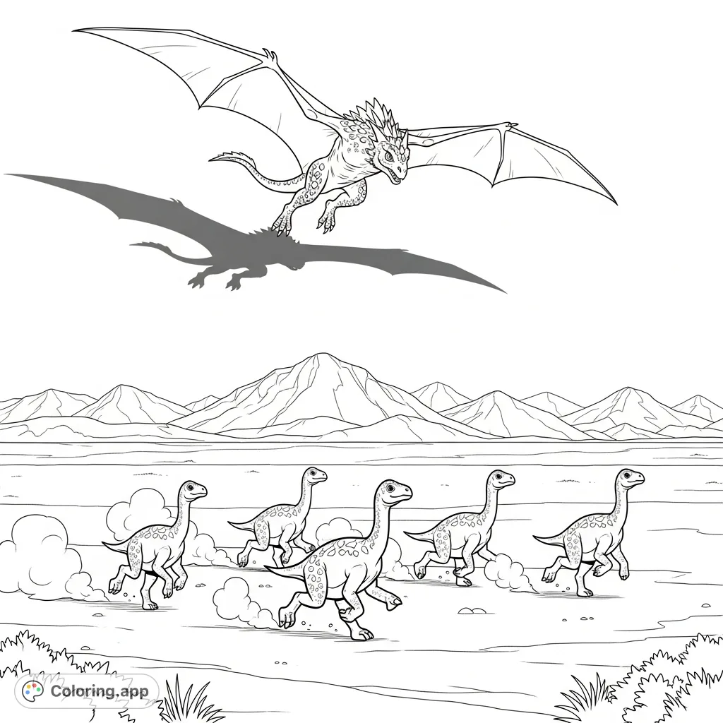 A thrilling prehistoric scene featuring five Apatosaurus hatchlings fleeing a large, bat-winged monster descending from the sky over a vast savanna.