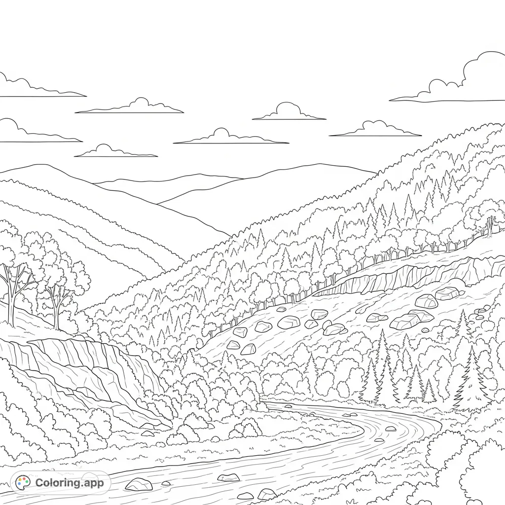 Explore the majestic Appalachian Mountains with this detailed coloring page. Features rolling peaks, dense forests, a winding river, and textured rock formations.