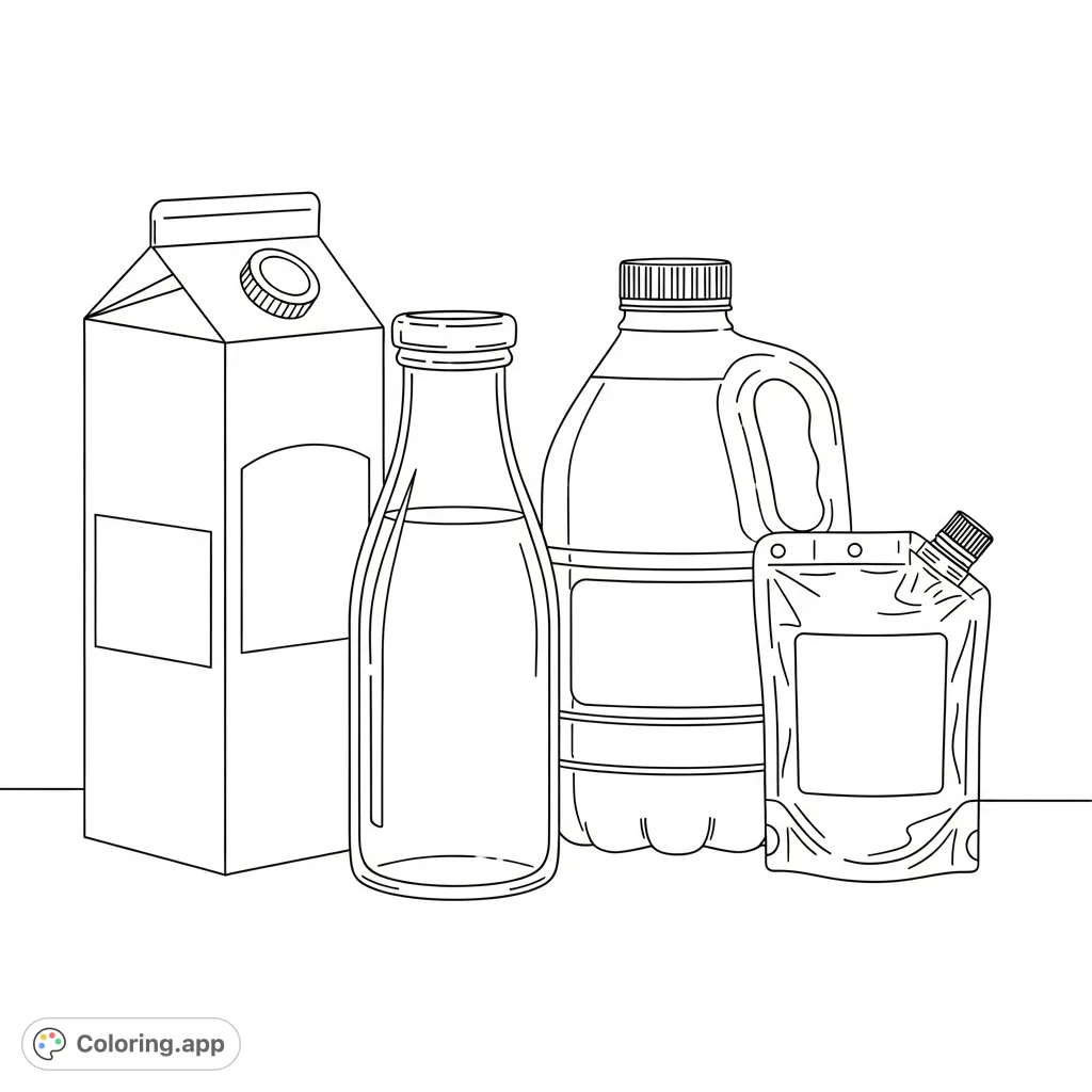 Explore a delightful collection of different milk containers, from classic cartons to modern pouches, ready for your creative touch. A fun, free printable milk coloring page.