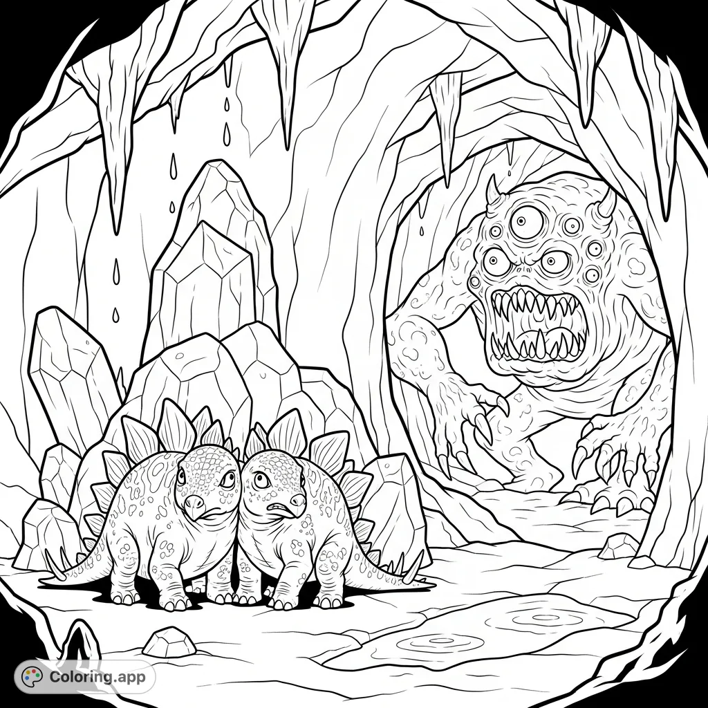 Explore a thrilling prehistoric cavern scene with two frightened baby Stegosaurus facing a grotesque monster. Perfect for adventure-loving colorists!