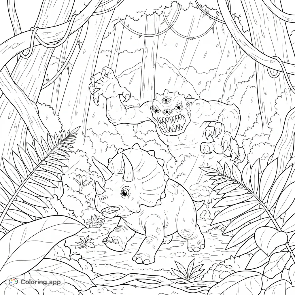 A baby Triceratops races through a dense jungle, pursued by a terrifying three-eyed monster. An exciting dinosaur coloring page for adventure and imagination.