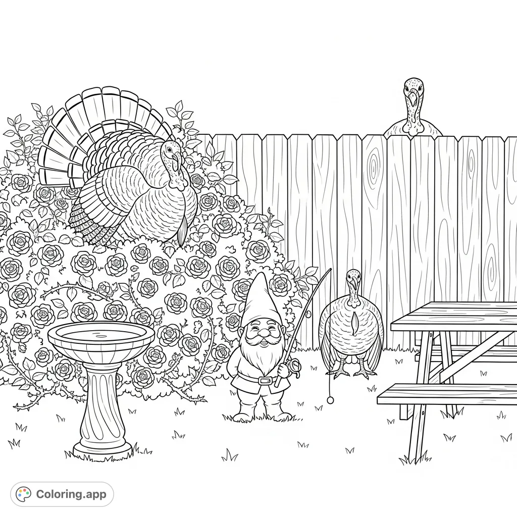 Discover a charming backyard scene where three clever turkeys use camouflage among a rose bush, garden gnome, and wooden fence. A delightful nature coloring page.