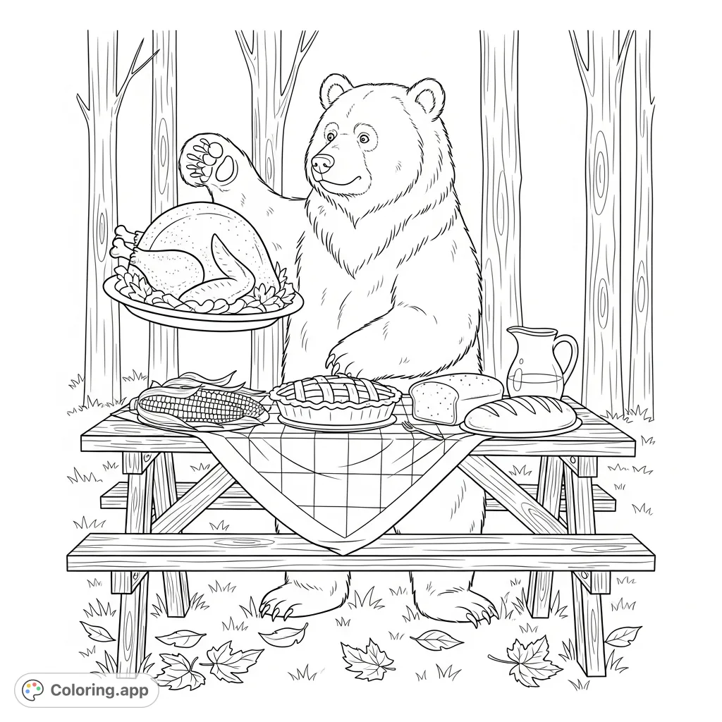 A mischievous bear snatches a roasted turkey from a festive picnic table laden with Thanksgiving food, set against an autumn backdrop. A fun holiday scene!