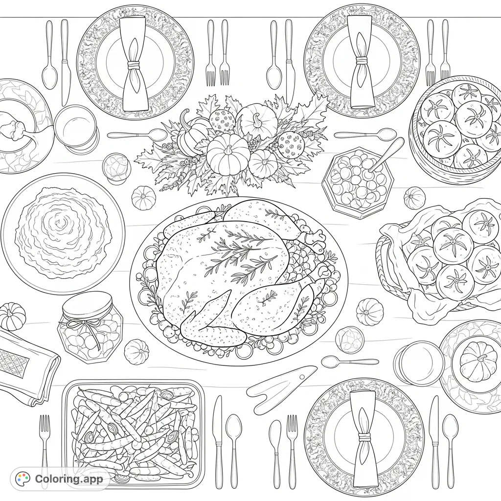 Celebrate the season with a detailed Thanksgiving dinner table coloring page, featuring a roasted turkey, traditional dishes, and festive decor.