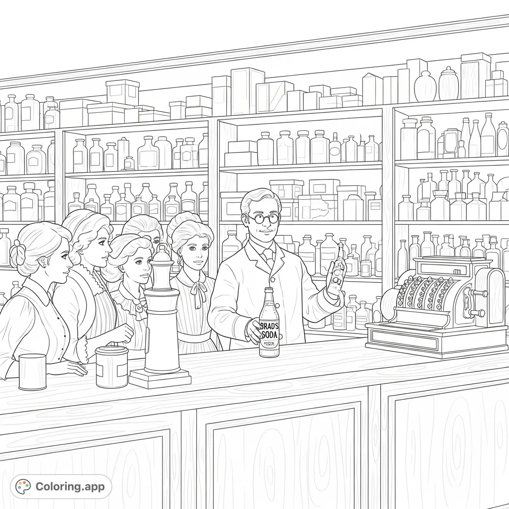 Step back to 1893! Witness the exciting introduction of Brad's Soda at a bustling old-fashioned drug store, filled with curious customers and vintage charm.