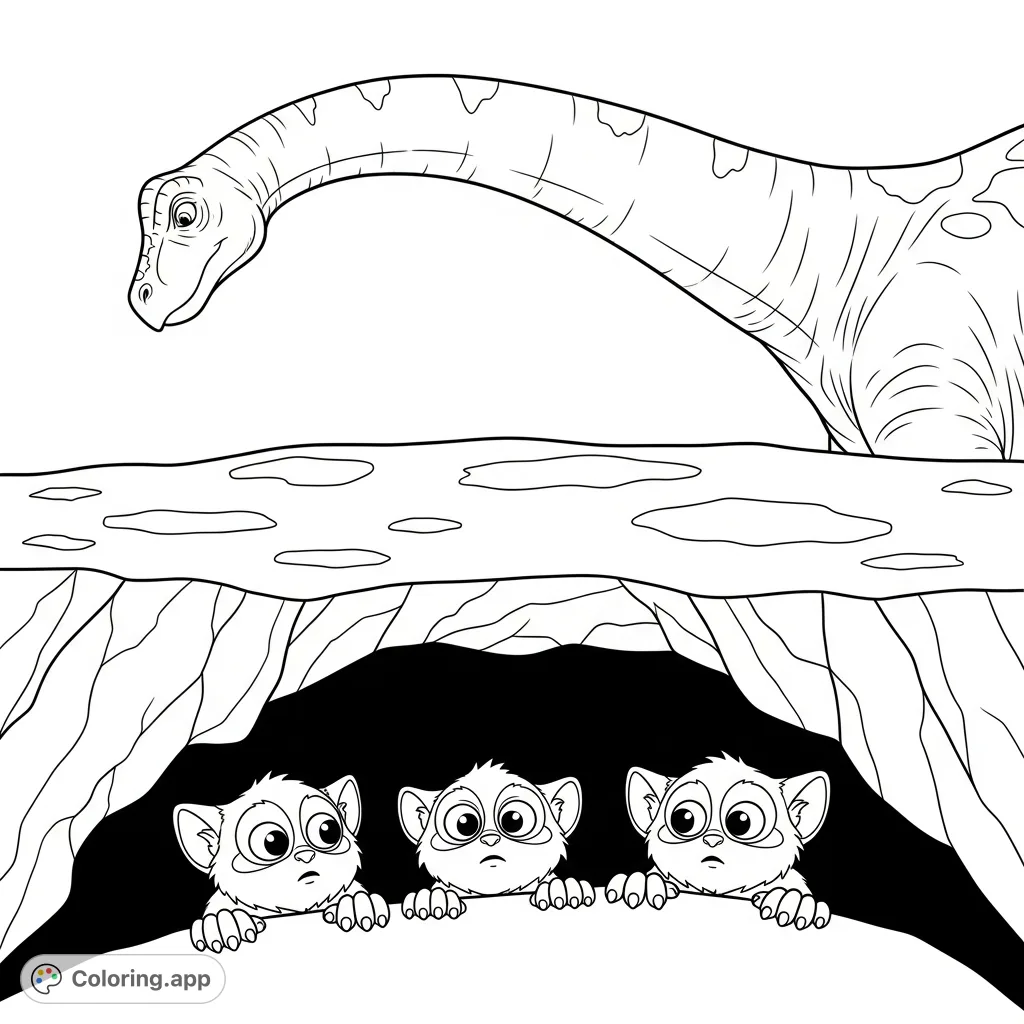 Discover a towering Brontosaurus observing three small, furry monsters peeking from a cave in this engaging prehistoric encounter coloring page. Perfect for kids!