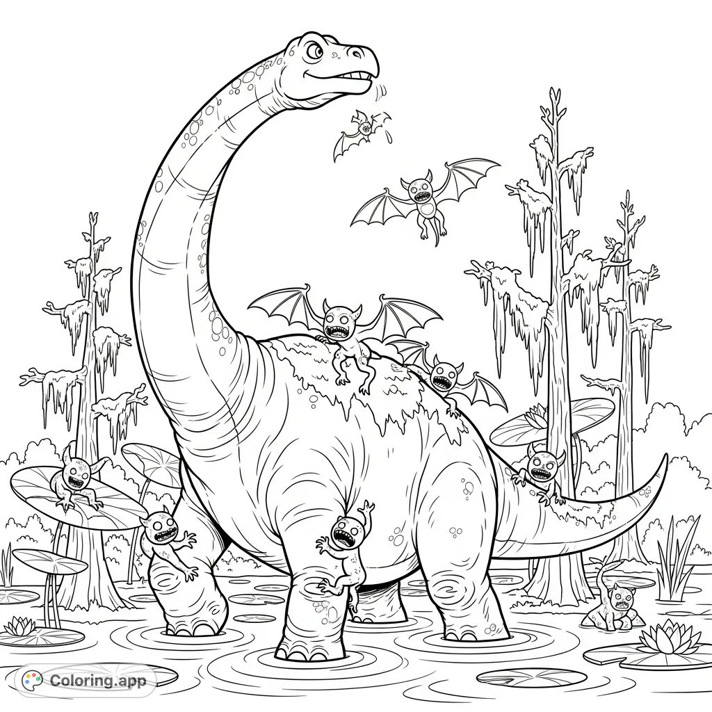 A colossal Brontosaurus battles bat-winged mini-monsters in a prehistoric swamp, navigating giant lily pads and cypress trees in an epic struggle for survival.