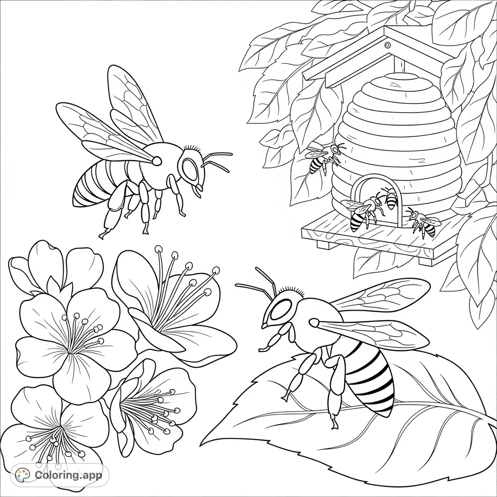 Discover a charming honey bee coloring page featuring busy bees, intricate flowers, and a detailed beehive. Perfect for nature lovers and all ages!