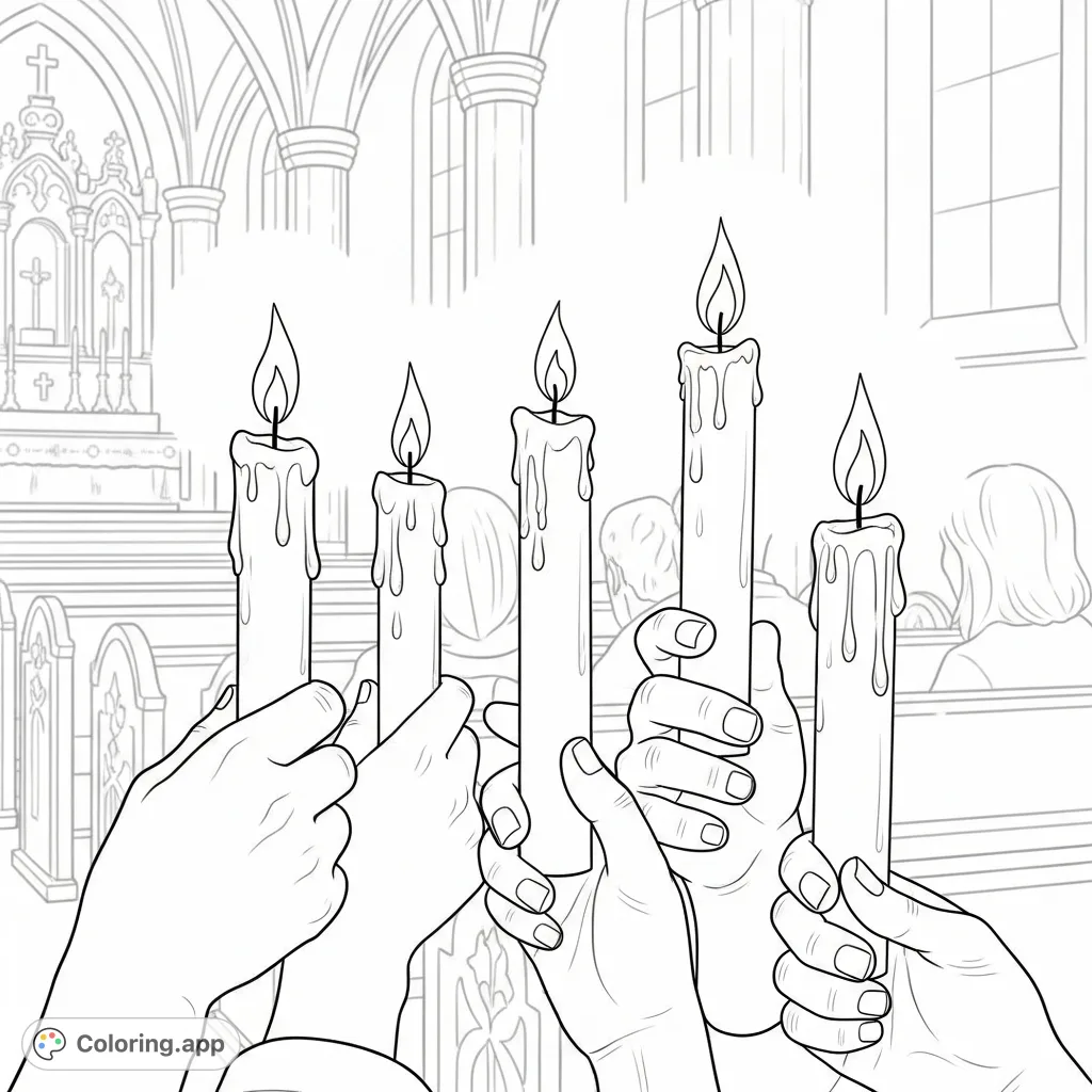Experience the serene beauty of a candlelight service with this intricate coloring page, featuring hands holding flickering candles and an ornate church background.