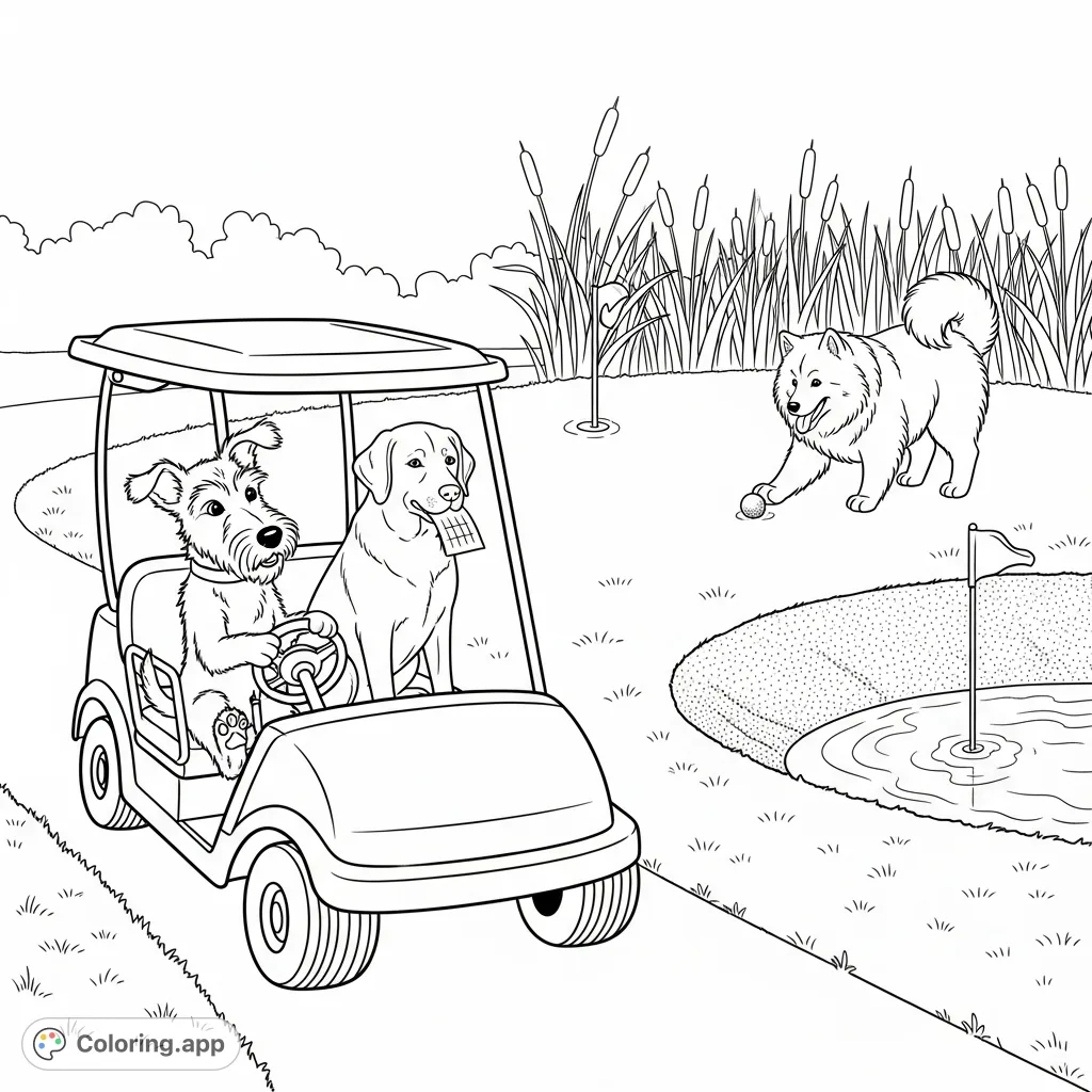 Join a mischievous Terrier, a calm Labrador, and a fluffy Samoyed for a fun-filled golf outing. A delightful dog golf coloring page for all ages.
