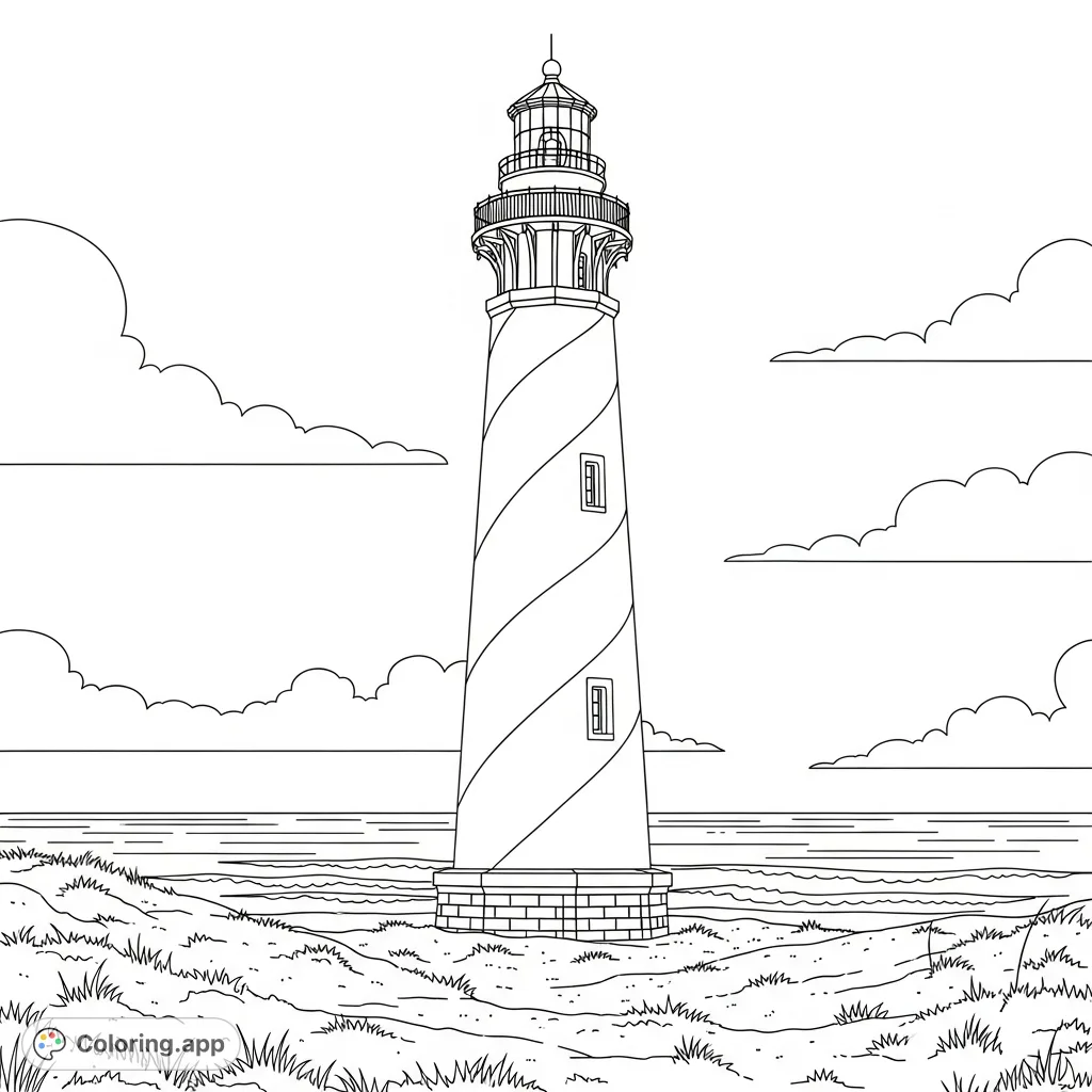 Color the iconic Cape Hatteras Lighthouse, featuring its distinctive spiral stripes, sandy dunes, and ocean waves. A free printable historical landmark coloring page.
