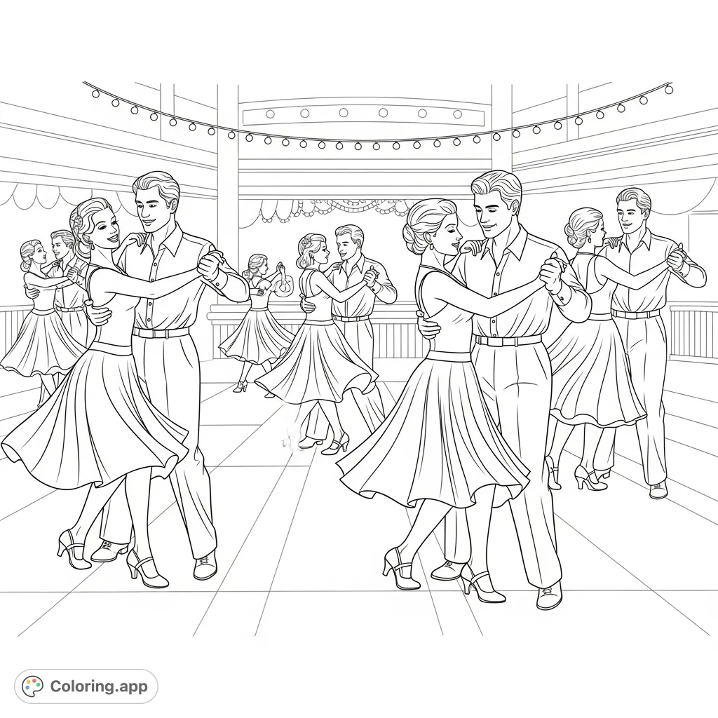 Capture the joy of the Carolina Shag with this dynamic coloring page featuring couples dancing in elegant attire on a classic dance floor.