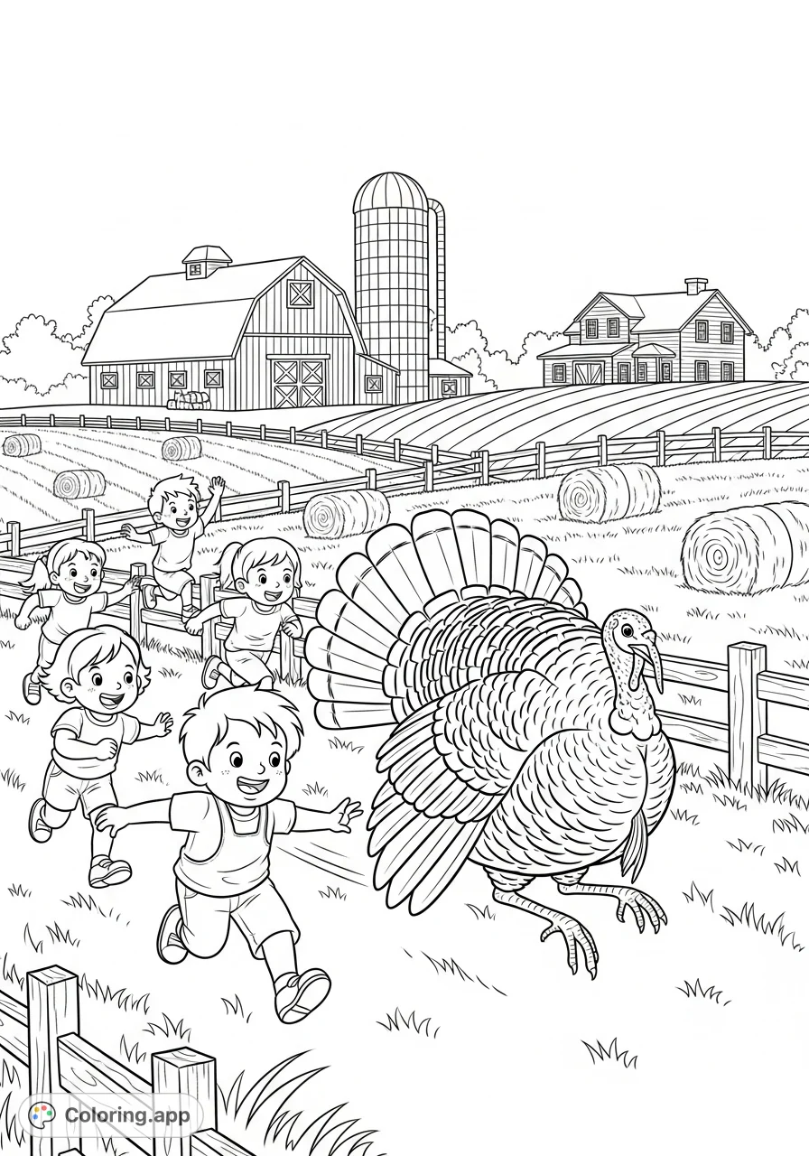 A lively farm scene featuring playful children joyfully chasing a large turkey across an open field, with a charming farm in the background. A fun farm coloring page.