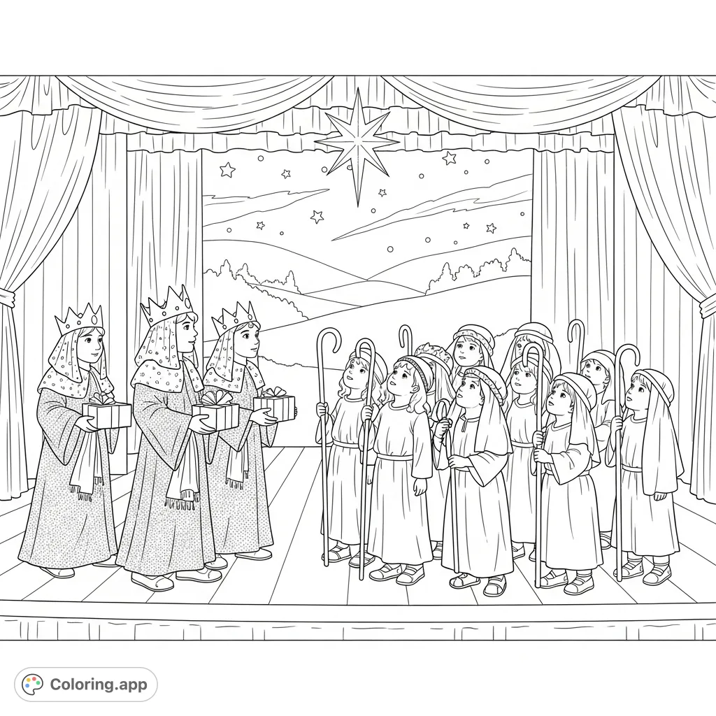 Capture the heartwarming scene of a children's Christmas pageant, featuring shepherds, Wise Men, and a starry stage backdrop. A festive free printable coloring page.
