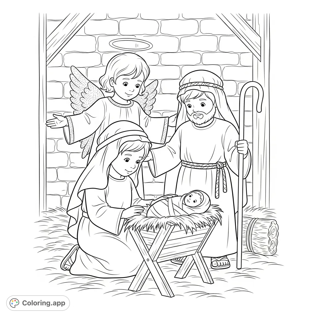 A heartwarming nativity scene featuring three children portraying Mary, Joseph, and an angel around a wooden manger with a baby doll and straw.