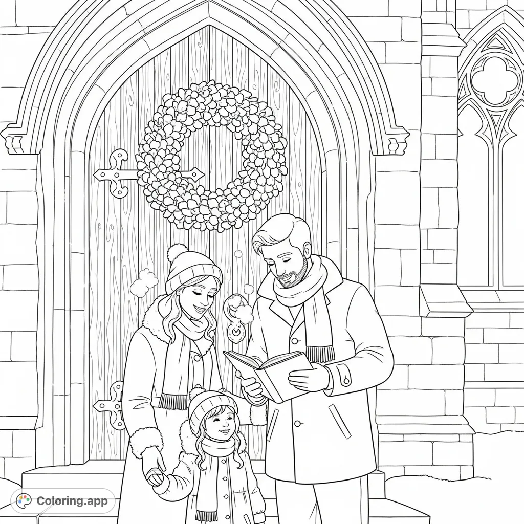 Capture a heartwarming Christmas Eve scene with a family outside a quaint church. Perfect for celebrating holiday spirit and family togetherness.