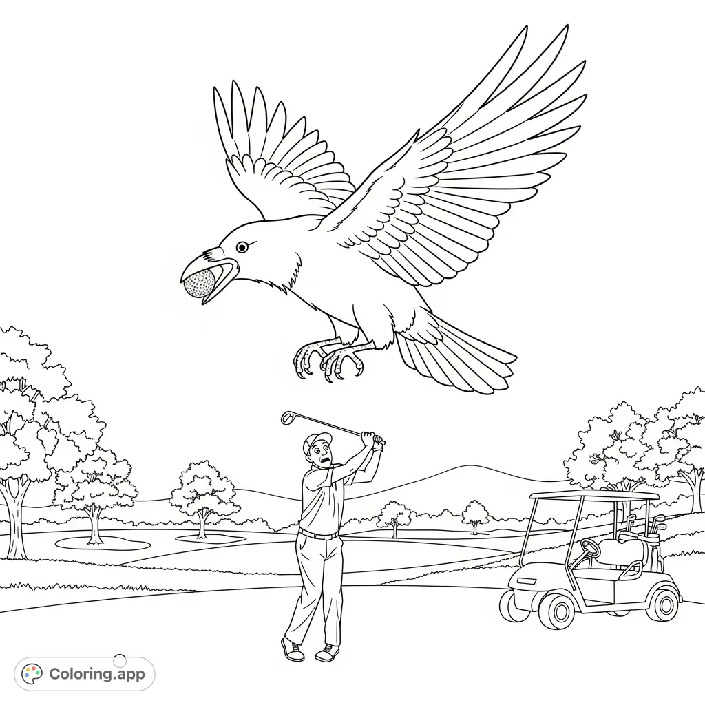 A humorous golf scene where a large crow makes off with a gleaming golf ball, leaving a bewildered golfer in its wake on a lush fairway.