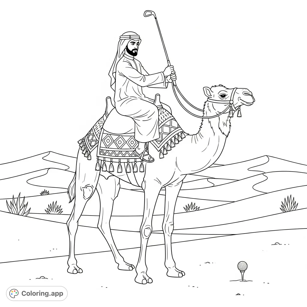 An Arab man plays golf from atop a majestic camel in a detailed desert scene. A unique and engaging free printable coloring page.
