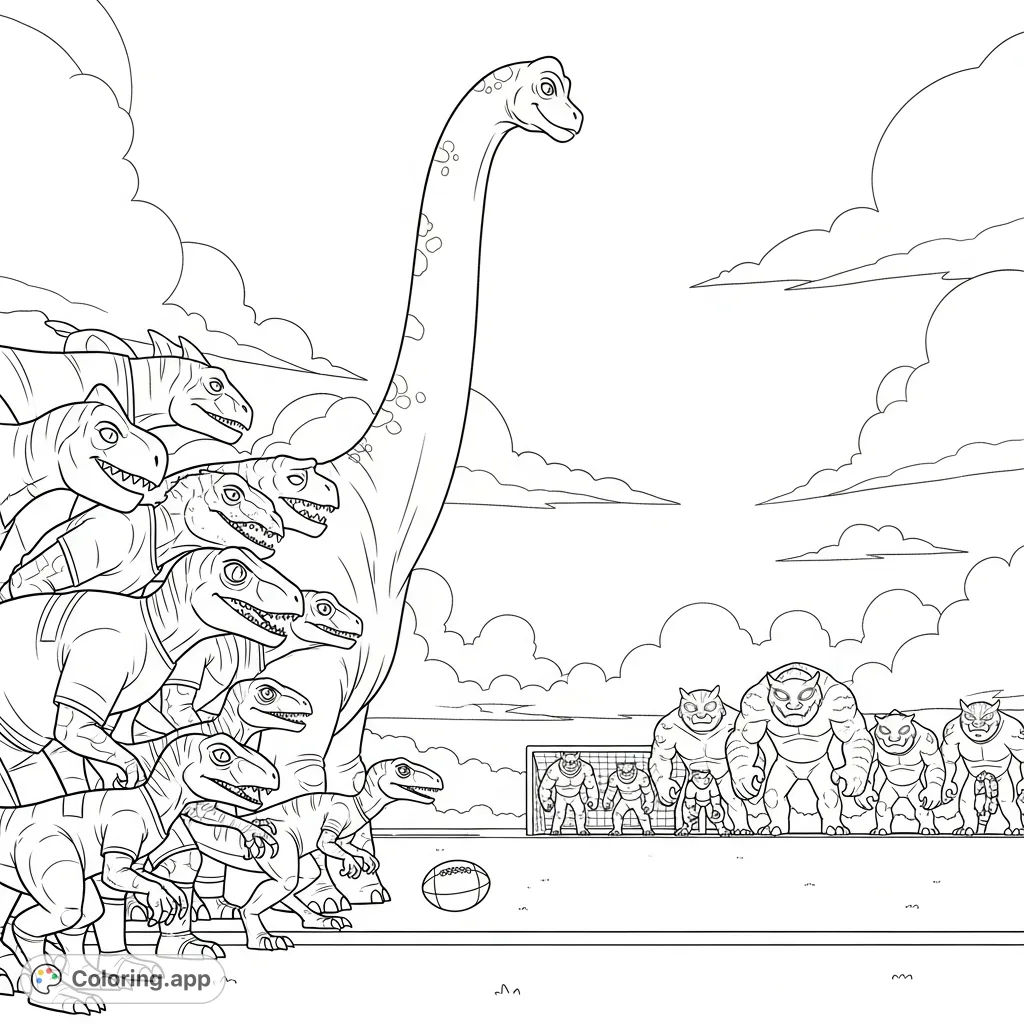A thrilling dinosaur football scene where diverse dino players huddle to strategize against imposing monster opponents on the field under a dramatic, cloud-filled sky.