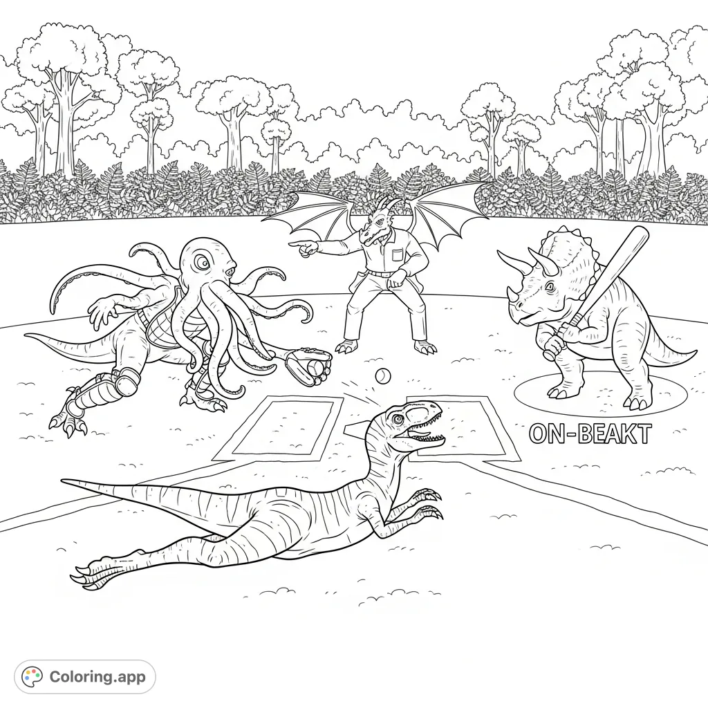 Experience a thrilling dinosaur baseball game! A Velociraptor slides into home, evading a Tentacle monster catcher, as a Dragon umpire makes the call.