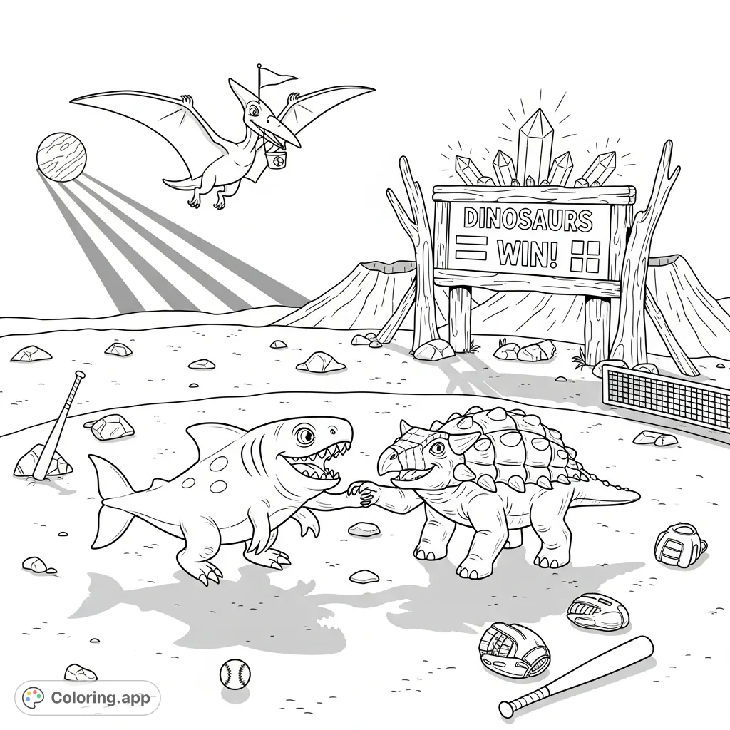 A thrilling prehistoric baseball victory scene! A Pterodactyl flies with a pennant as a Megalodon and Ankylosaurus celebrate amidst scattered equipment and a 'Dinosaurs Win!' scoreboard. Fun for all!