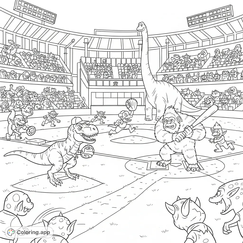 Witness a thrilling dinosaur monster baseball game! A T-Rex pitches to a Sasquatch batter, while a Brachiosaurus catches in the outfield.