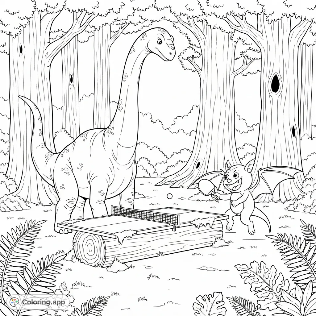 A whimsical forest scene where a towering Brontosaurus plays ping pong with a mischievous winged monster on a mossy log table. A unique, fun coloring page!