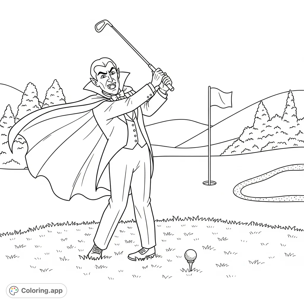 A humorous Dracula golf coloring page, featuring the vampire mid-swing on a course, fangs visible. Perfect for a unique, fun coloring experience.