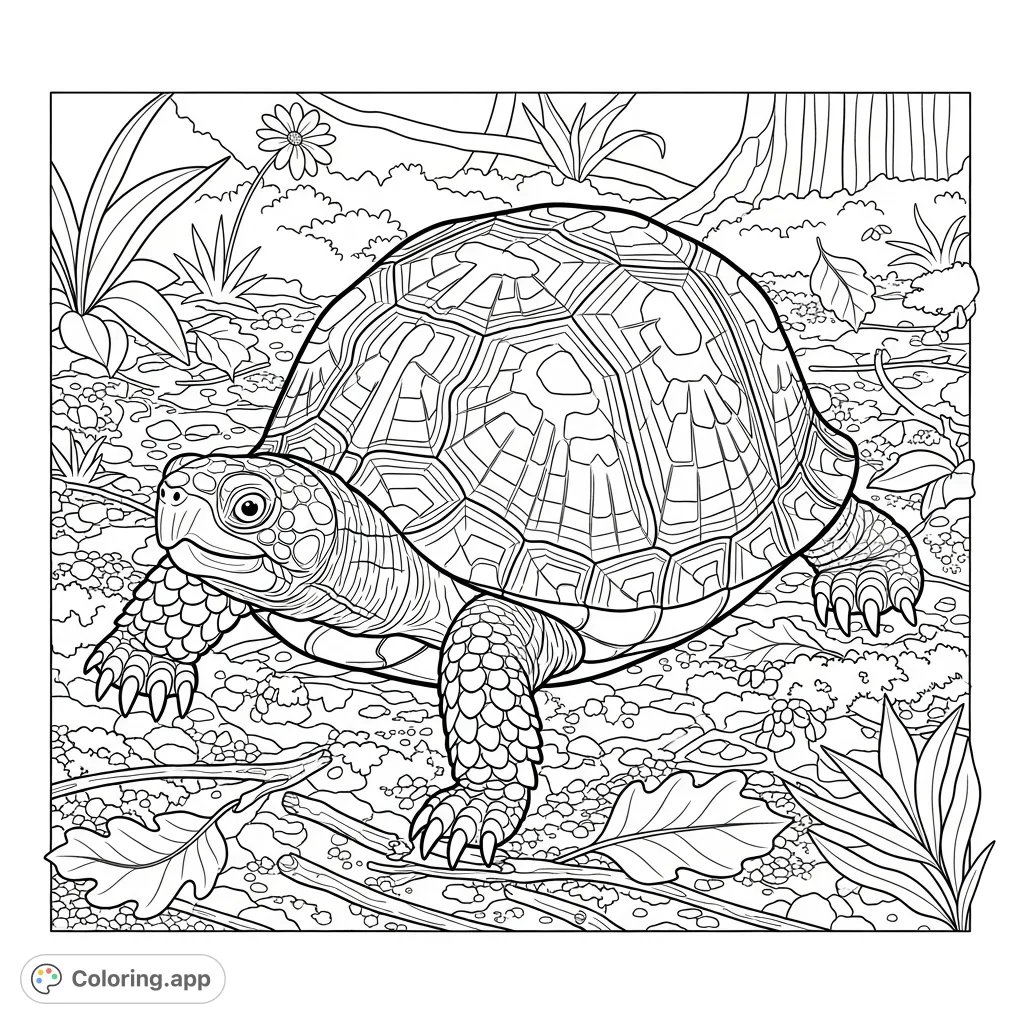 Explore the intricate details of an eastern box turtle with its patterned shell and textured skin, navigating a forest floor. A captivating nature scene.