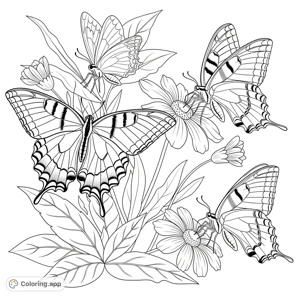 Discover the beauty of eastern tiger swallowtail butterflies in a vibrant garden scene. This free printable coloring page features intricate wing patterns and delicate blossoms.