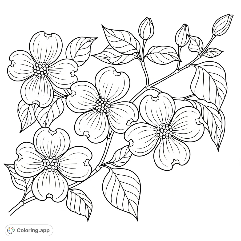 Discover the delicate beauty of dogwood flowers with this free printable coloring page. Features intricate bracts, detailed leaves, and graceful branches.