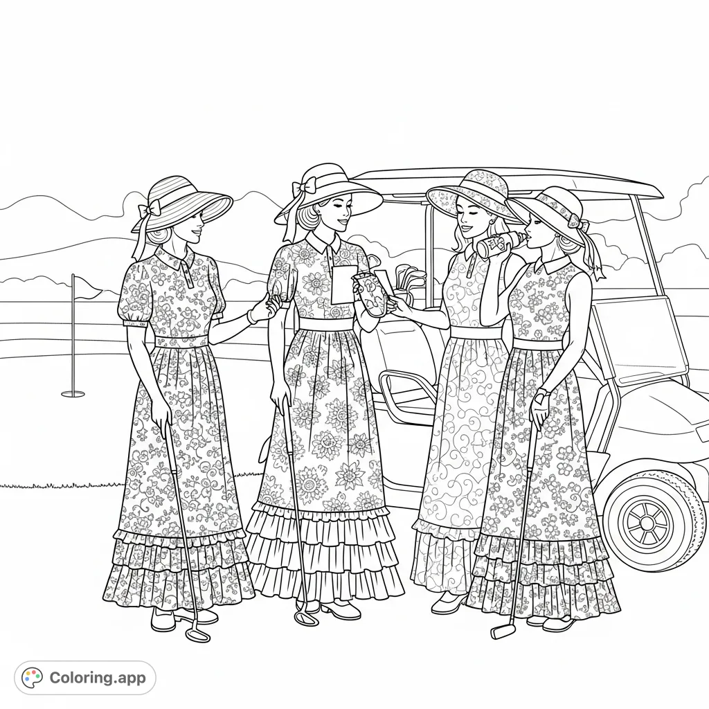 Three elegant women in stylish golf attire gather on a putting green with a golf cart, ready for a leisurely game. Perfect for a relaxing coloring session.