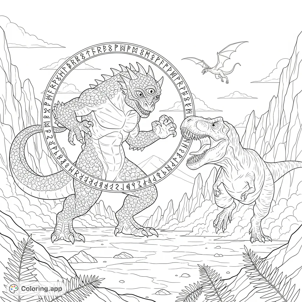 Witness an epic prehistoric battle! A colossal, three-eyed monster with sharp claws confronts a roaring Tyrannosaurus Rex on a barren plain. Unleash your creativity!