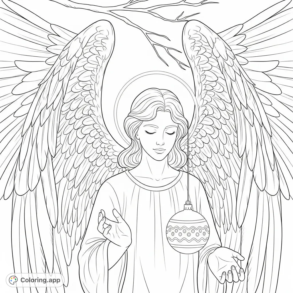 A serene angel with intricate wings and a subtle halo, contemplating peacefully, with an ornate Christmas ornament in the foreground.