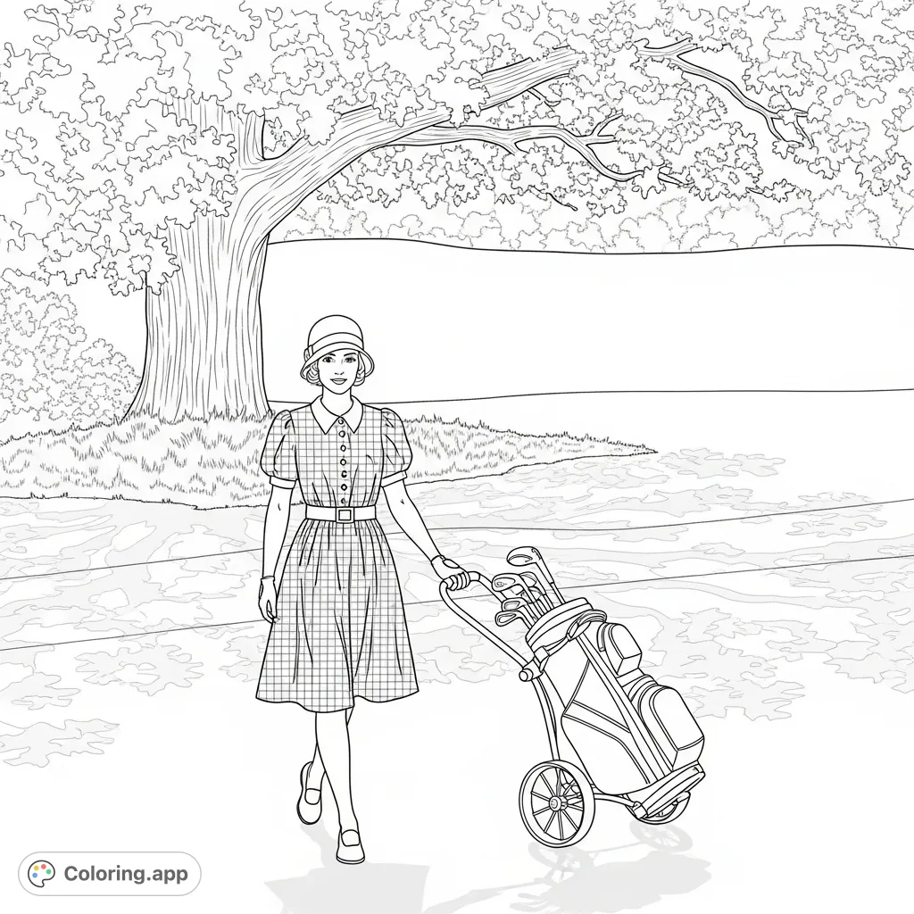 A stylish woman in a gingham dress and cloche hat strolls a golf course, pulling a caddy with clubs, under the dappled light of an oak tree.