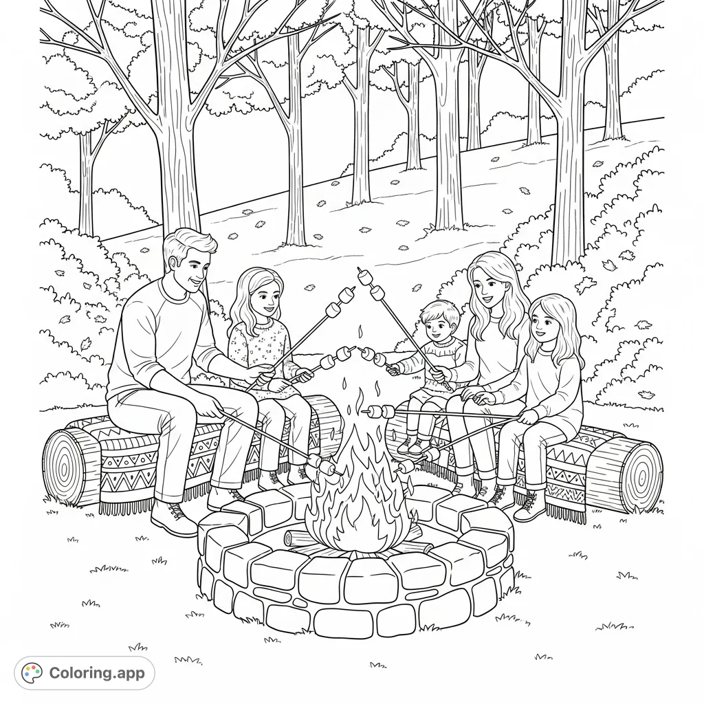 A heartwarming Thanksgiving coloring page featuring a family roasting marshmallows around an outdoor firepit, surrounded by autumn scenery. Perfect for holiday fun.