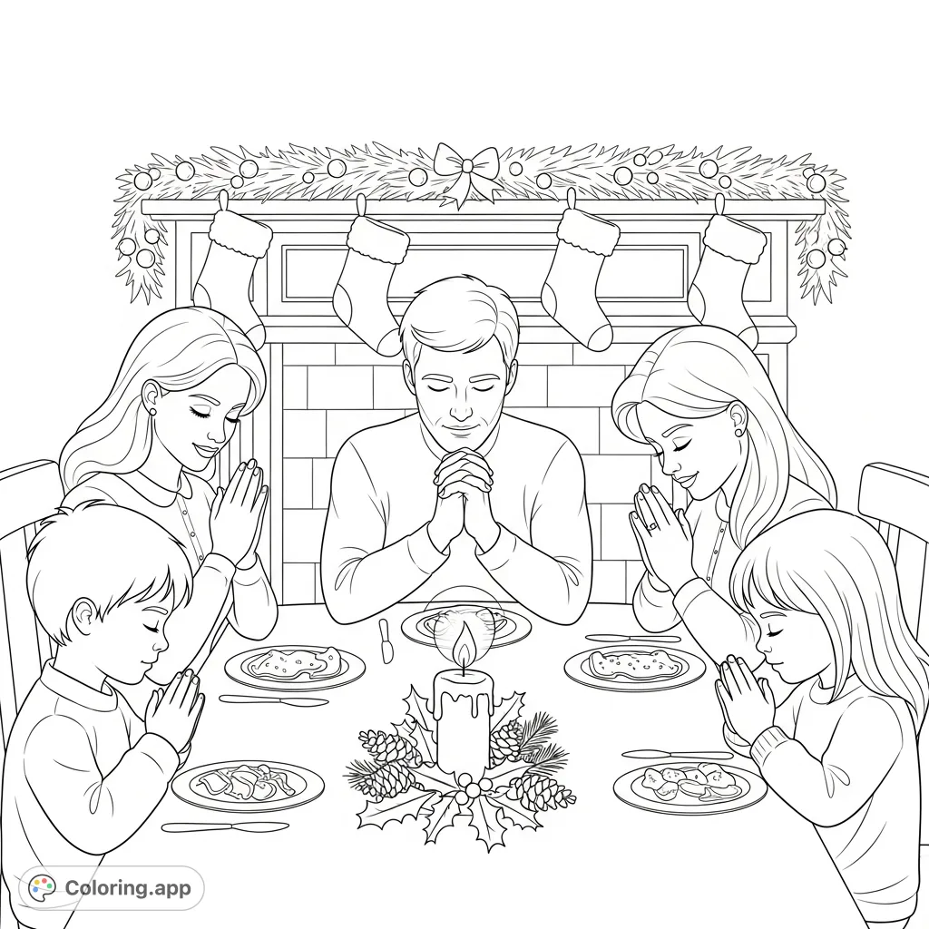 A heartwarming family prayer coloring page featuring a family of four gathered around a festive dinner table, bowing their heads in gratitude.
