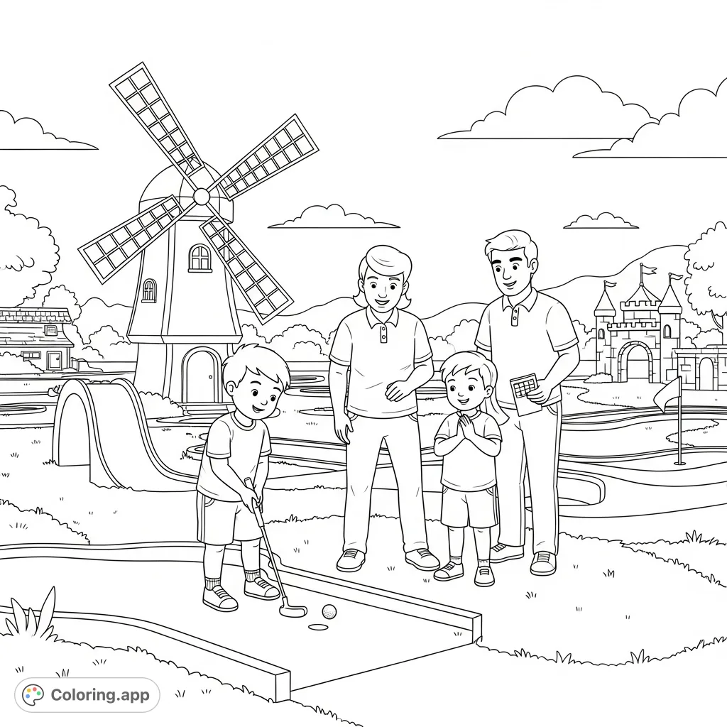 Capture the joy of a family playing putt putt golf with whimsical obstacles like a windmill and castle. A delightful scene for all ages to color.