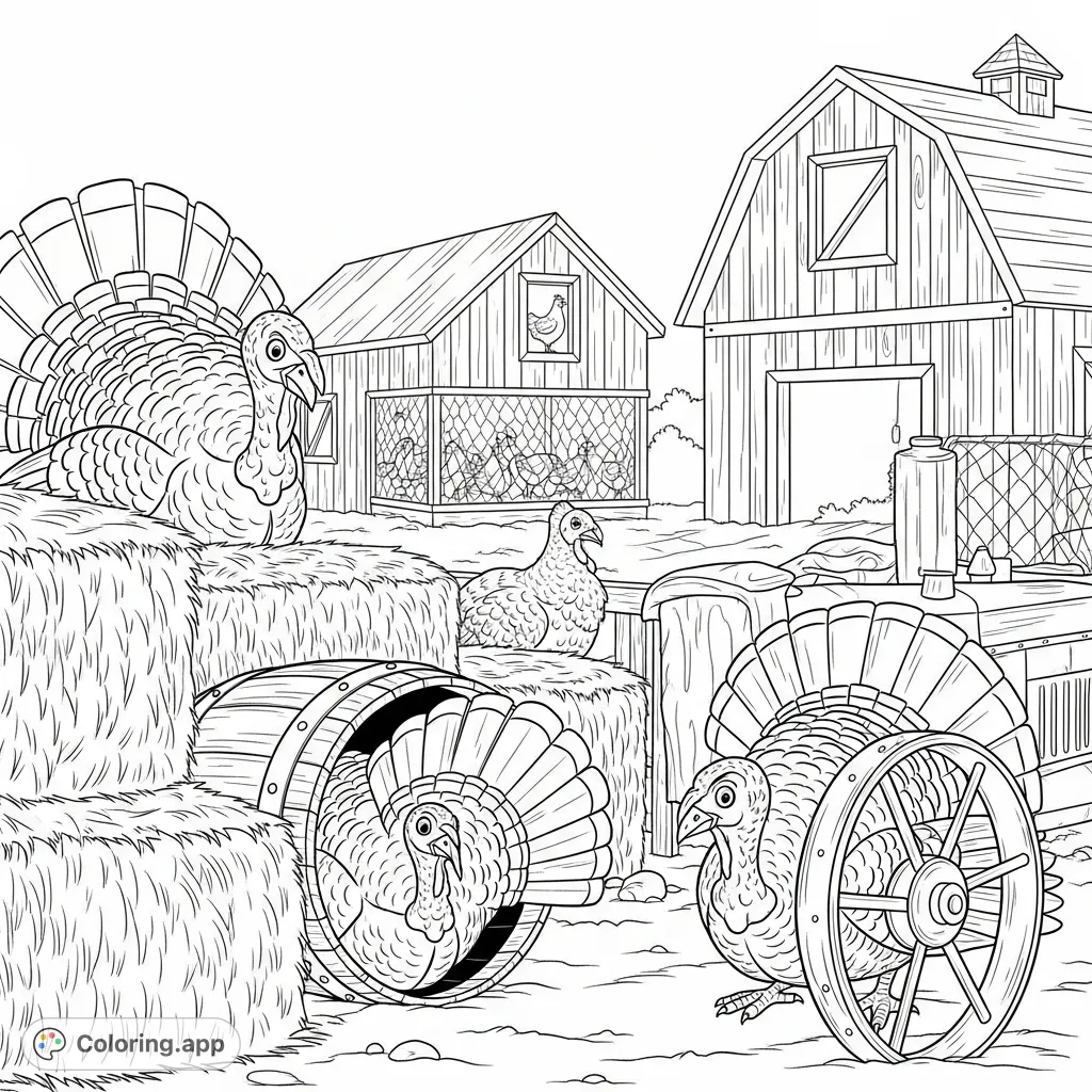A charming farmyard scene featuring three turkeys cleverly hiding among hay bales, a wooden barrel, and a rusty tractor wheel, with a barn and coop in the background.
