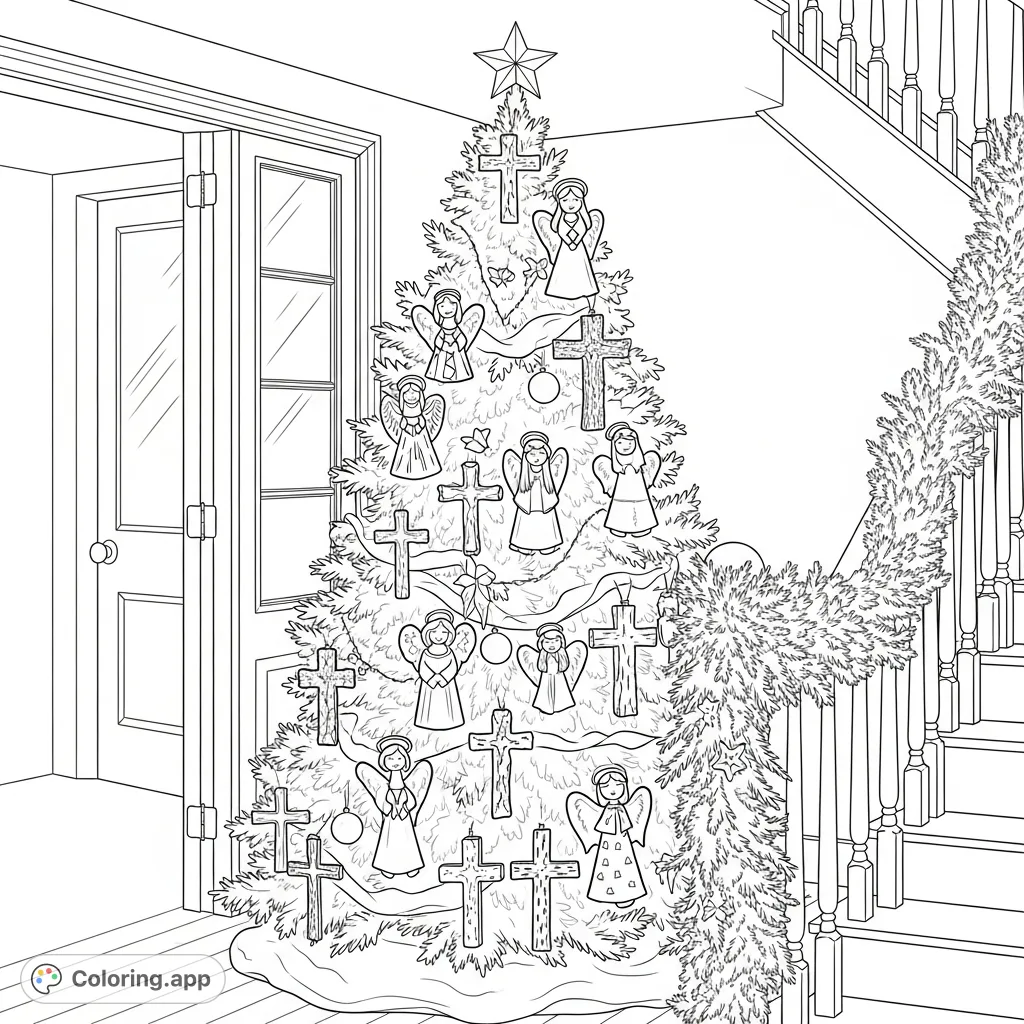 A beautifully decorated Christmas tree in a welcoming hallway, adorned with unique angels and crosses, seen through an open doorway. A festive scene.