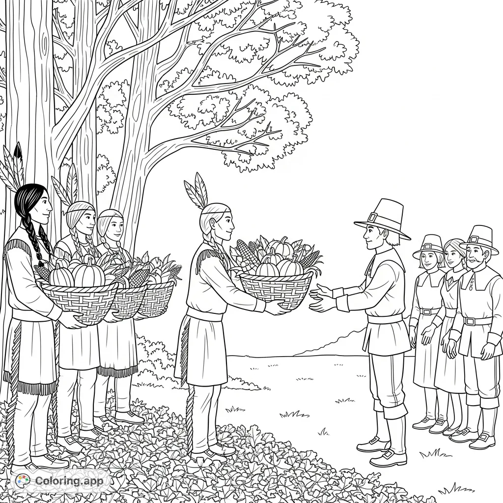 A historical Thanksgiving coloring page depicting Native Americans sharing a bountiful harvest of pumpkins, corn, and squash with Pilgrims in a clearing.