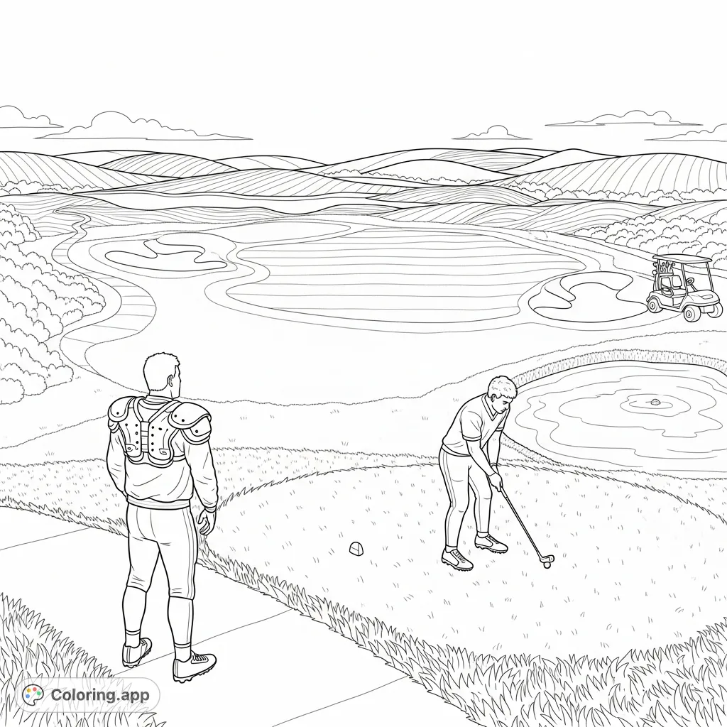 Two football players enjoy a round of golf on a scenic course, featuring a player chipping from the rough and another observing the fairway.